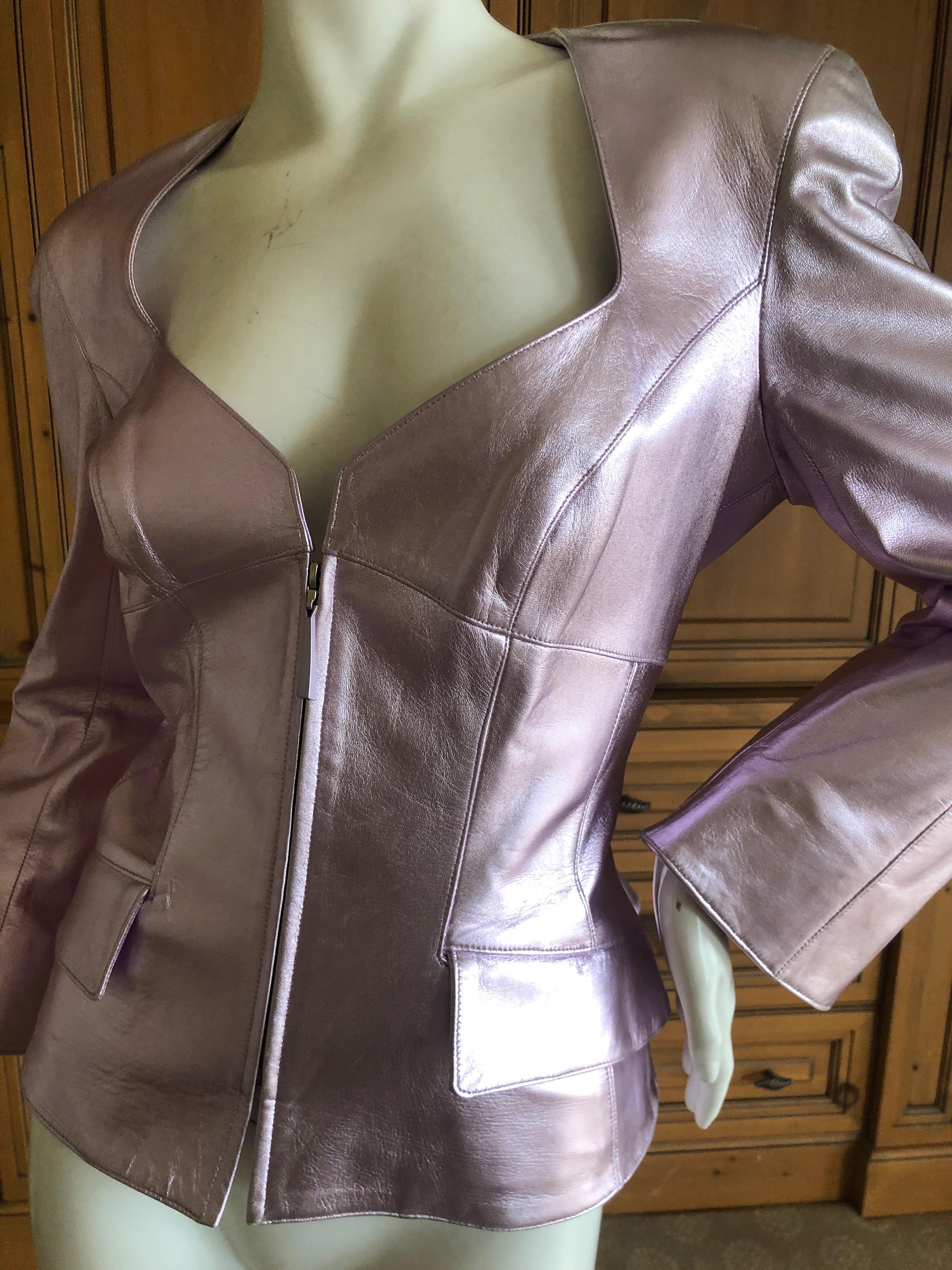 Thierry Mugler Couture Vintage 1980's Metallic Silver Leather Jacket Size 44 In Good Condition For Sale In Cloverdale, CA