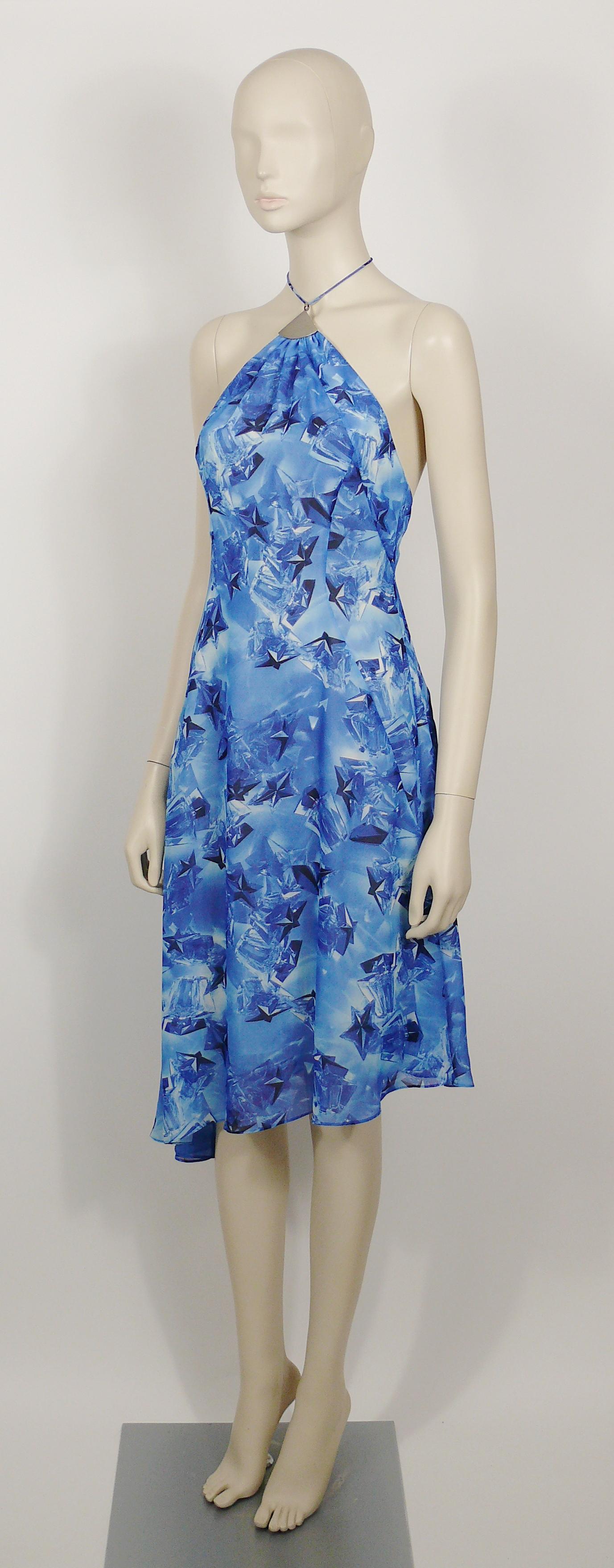 Blue Thierry Mugler Couture Vintage Iconic Angel Flacon Print Asymetric Halter Dress For Sale