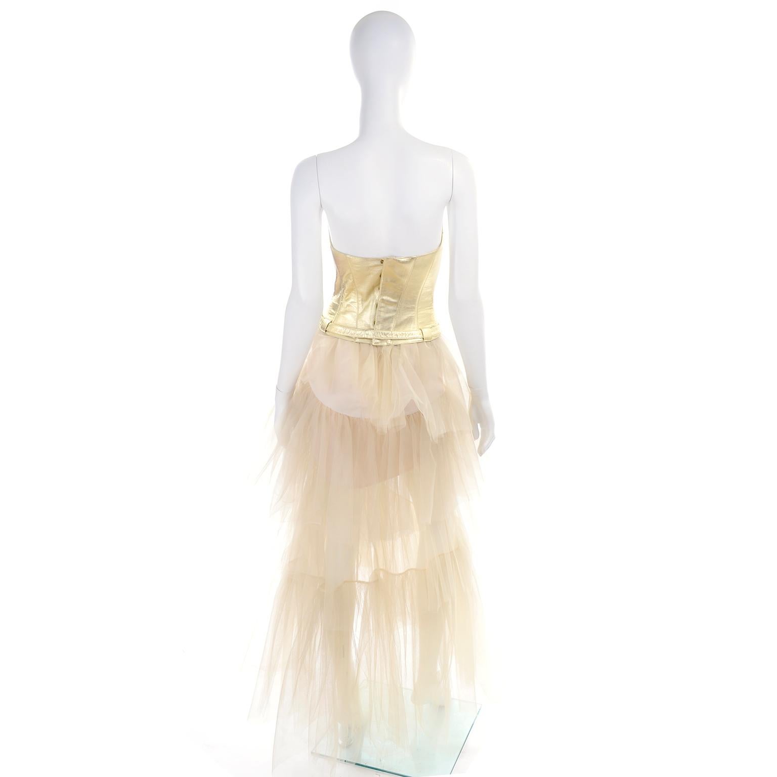 Thierry Mugler Couture Vintage Sand Tulle Skirt & Gold Leather Corset Top & Belt For Sale 2