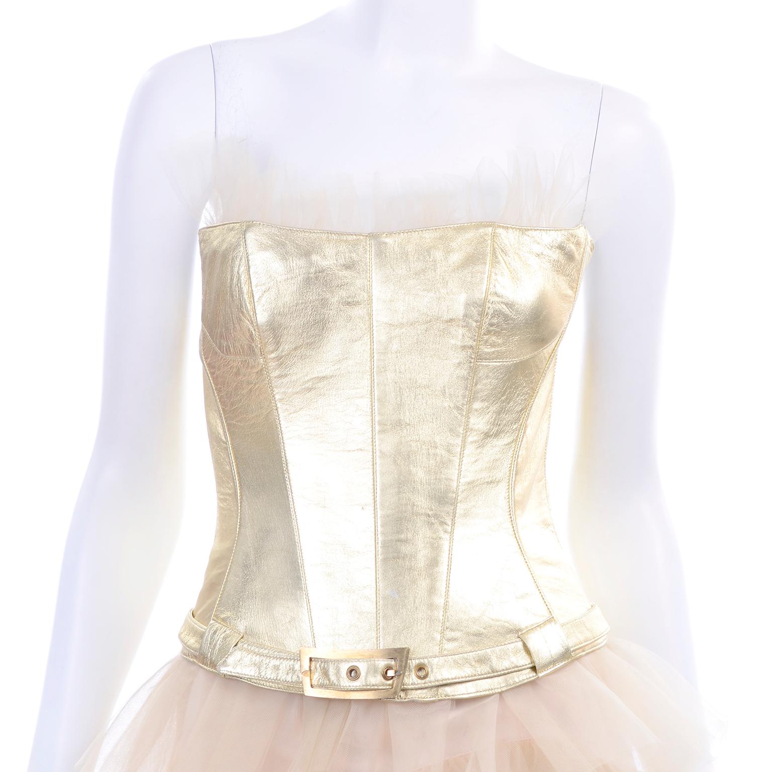 Thierry Mugler Couture Vintage Sand Tulle Skirt & Gold Leather Corset Top & Belt For Sale 3