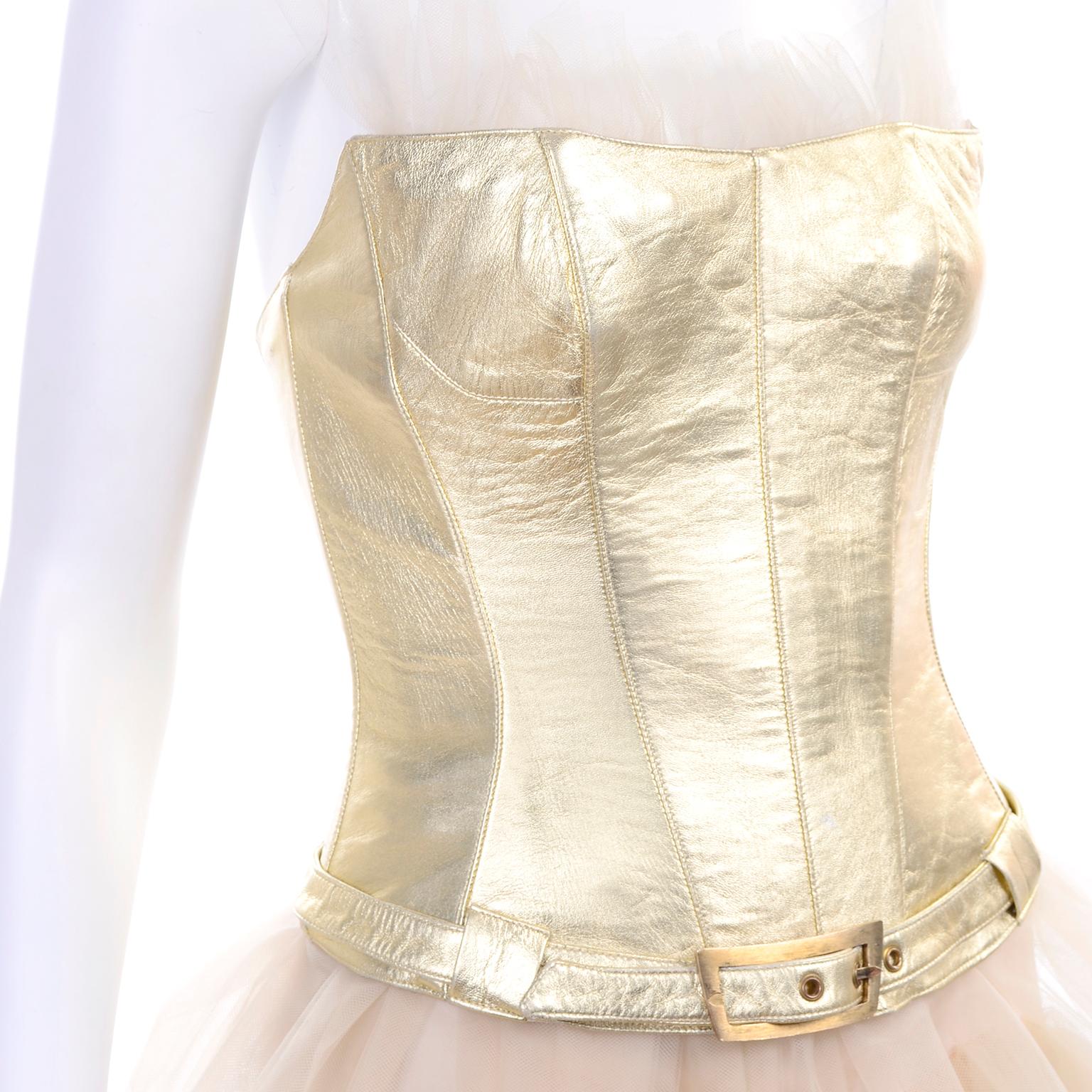 Thierry Mugler Couture Vintage Sand Tulle Skirt & Gold Leather Corset Top & Belt For Sale 4