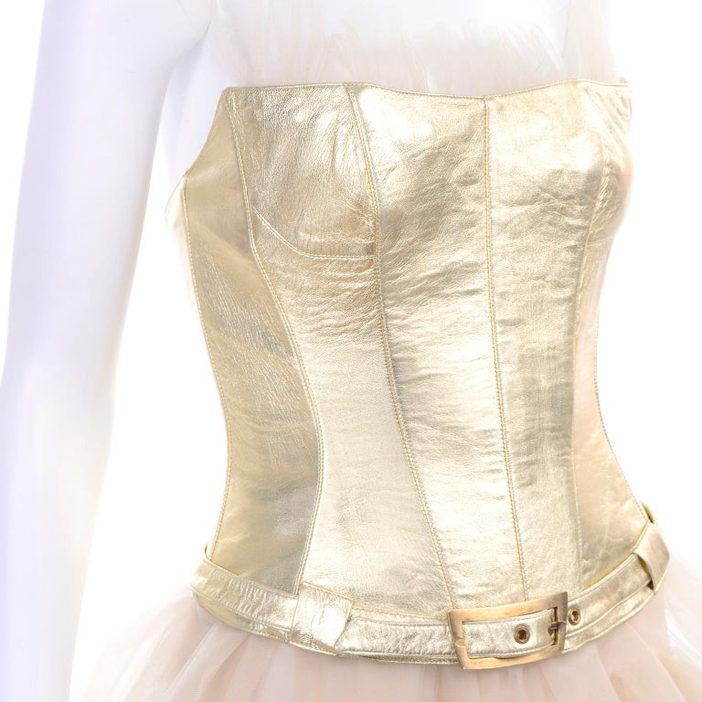 Thierry Mugler Couture Vintage Sand Tulle Skirt & Gold Leather Corset Top & Belt For Sale 7