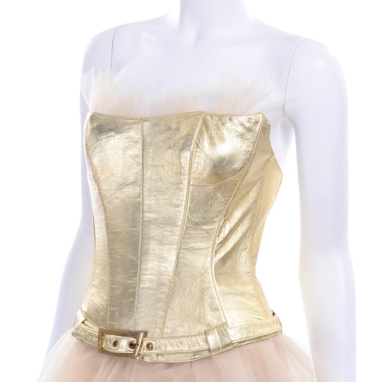 Thierry Mugler Couture Vintage Sand Tulle Skirt & Gold Leather Corset Top & Belt For Sale 8