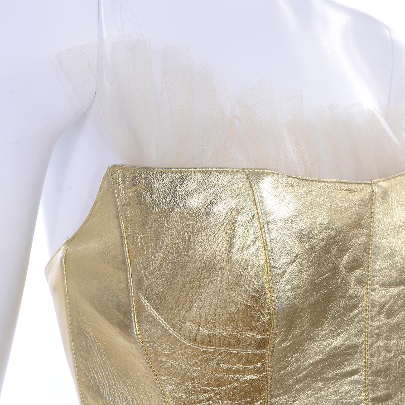 Thierry Mugler Couture Vintage Sand Tulle Skirt & Gold Leather Corset Top & Belt For Sale 6