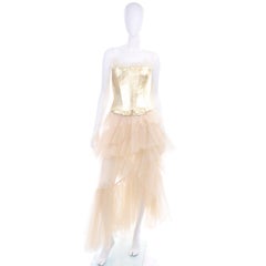 Thierry Mugler Couture Vintage Sand Tulle Skirt & Gold Leather Corset Top & Belt