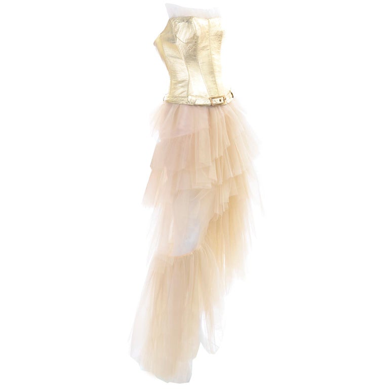 Thierry Mugler Couture Vintage Sand Tulle Skirt & Gold Leather Corset Top & Belt For Sale 15