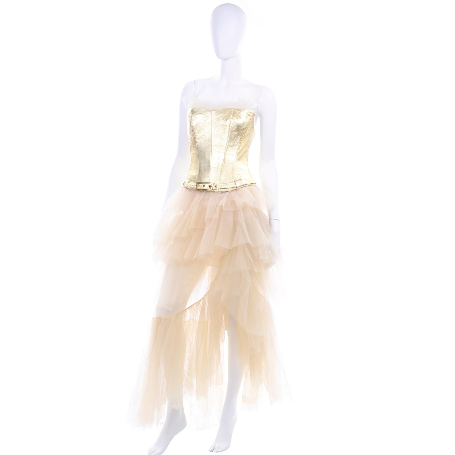 Thierry Mugler Couture Vintage Sand Tulle Skirt and Gold Leather Corset ...