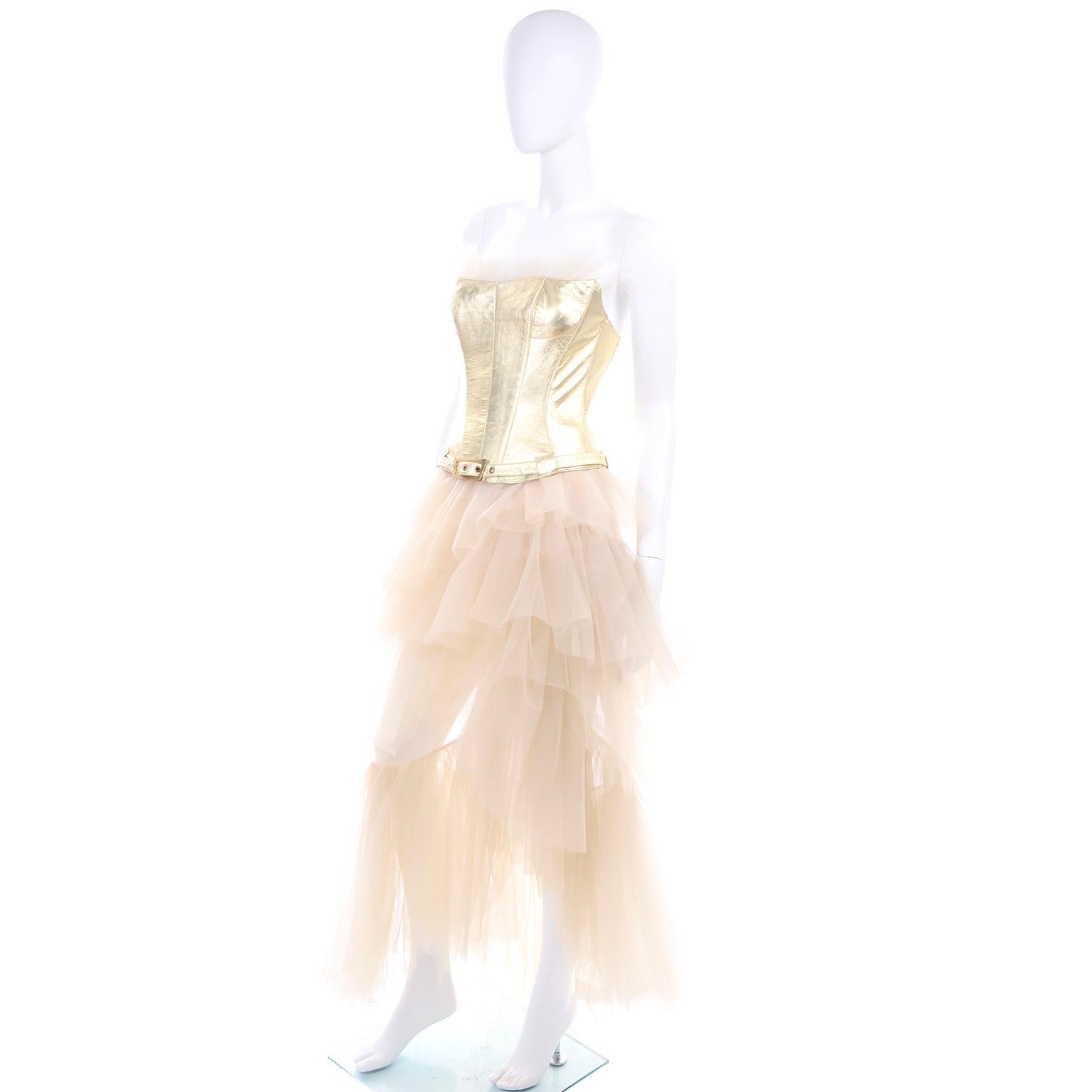 Thierry Mugler Couture Vintage Sand Tulle Skirt and Gold Leather Corset ...