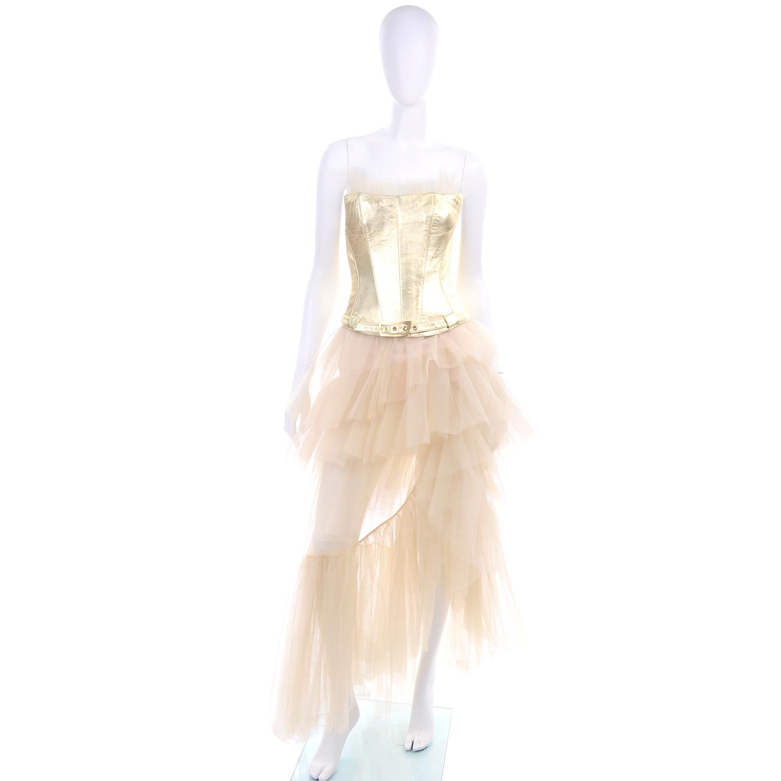 Thierry Mugler Couture Vintage Sand Tulle Skirt and Gold Leather Corset ...