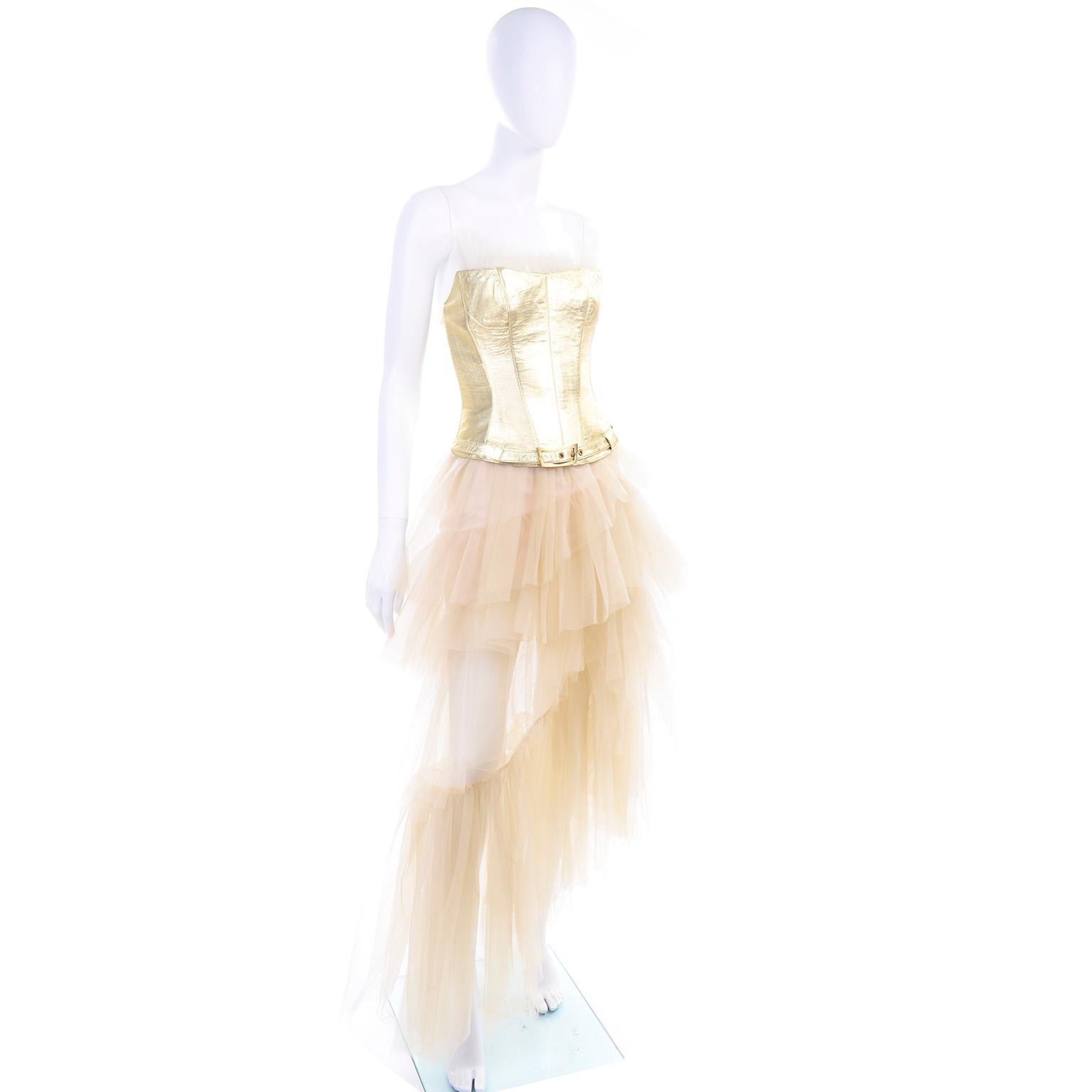Thierry Mugler Couture Vintage Sand Tulle Skirt & Gold Leather Corset Top & Belt In Good Condition For Sale In Portland, OR