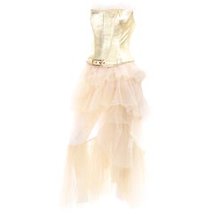 Thierry Mugler Couture Vintage Sand Tulle Skirt & Gold Leather Corset Top & Belt
