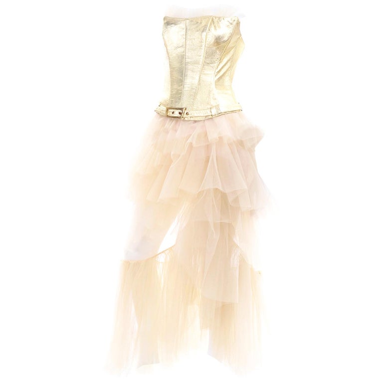 Thierry Mugler Couture Vintage Sand Tulle Skirt & Gold Leather Corset Top & Belt For Sale