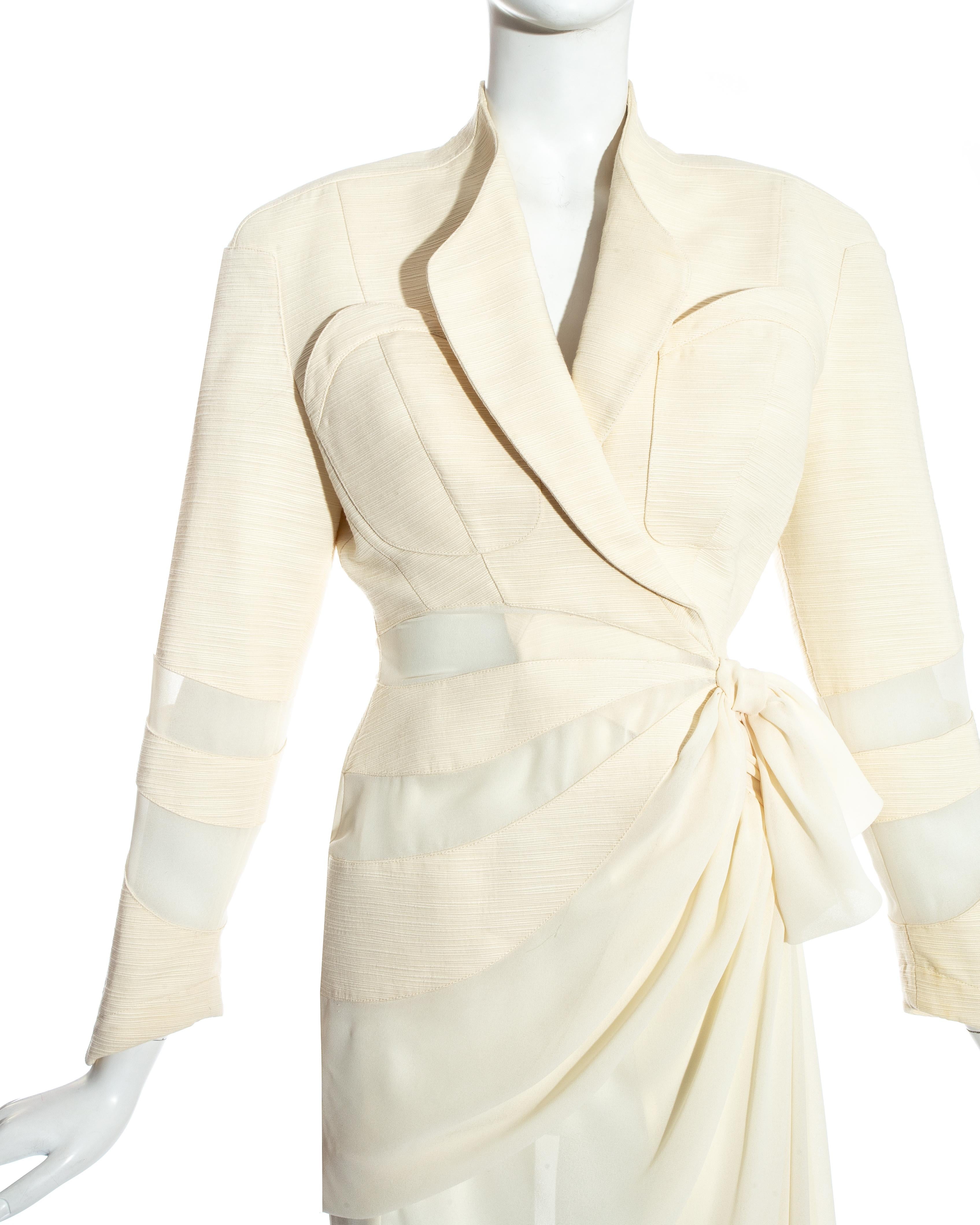 Thierry Mugler cream draped skirt suit with sheer panels, c. 1990s In Excellent Condition In London, GB