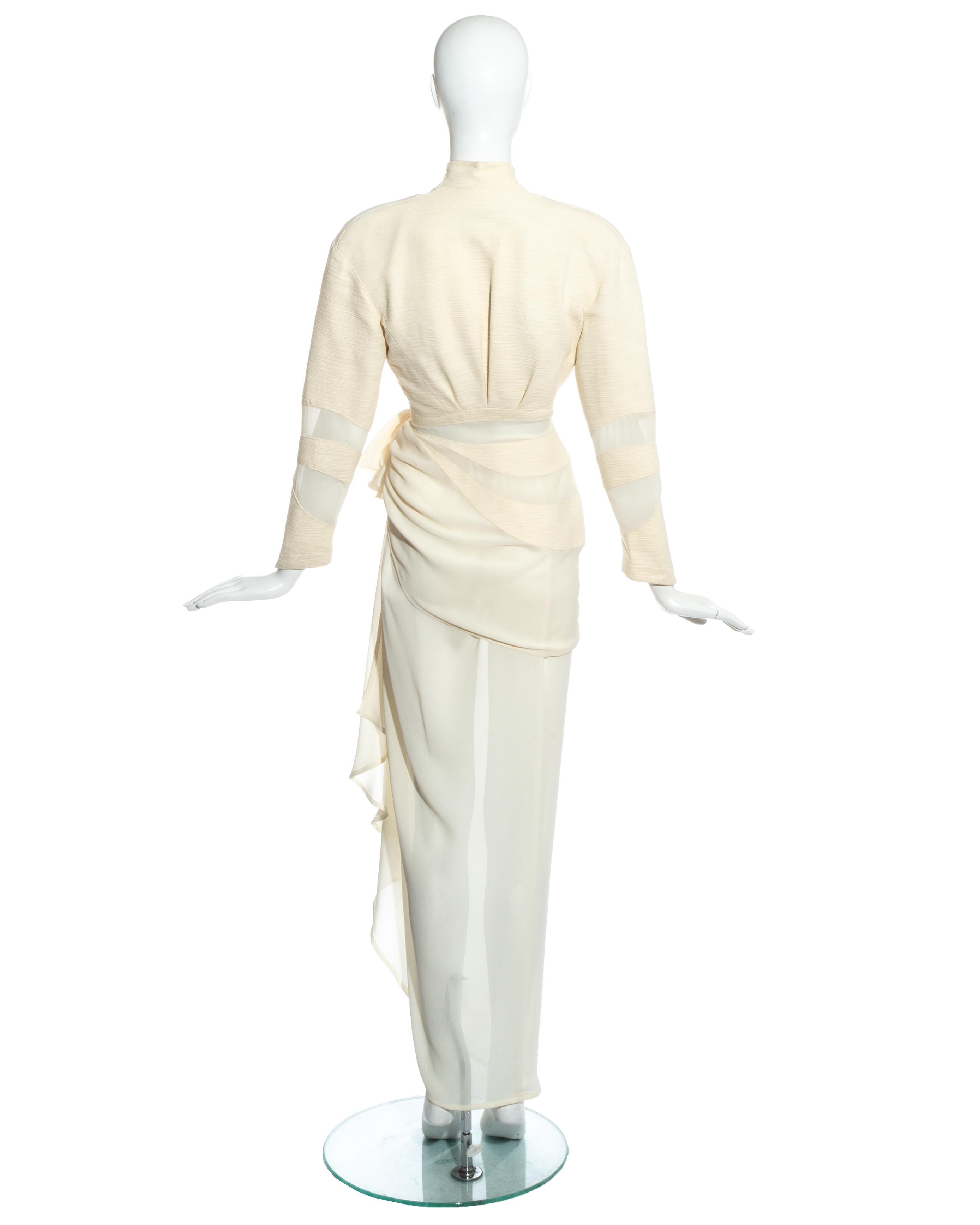 Women's Thierry Mugler cream draped skirt suit with sheer panels, c. 1990s