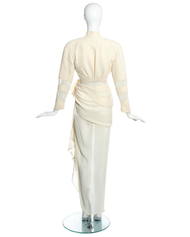 Thierry Mugler cream draped skirt suit with sheer panels, c. 1990s at ...