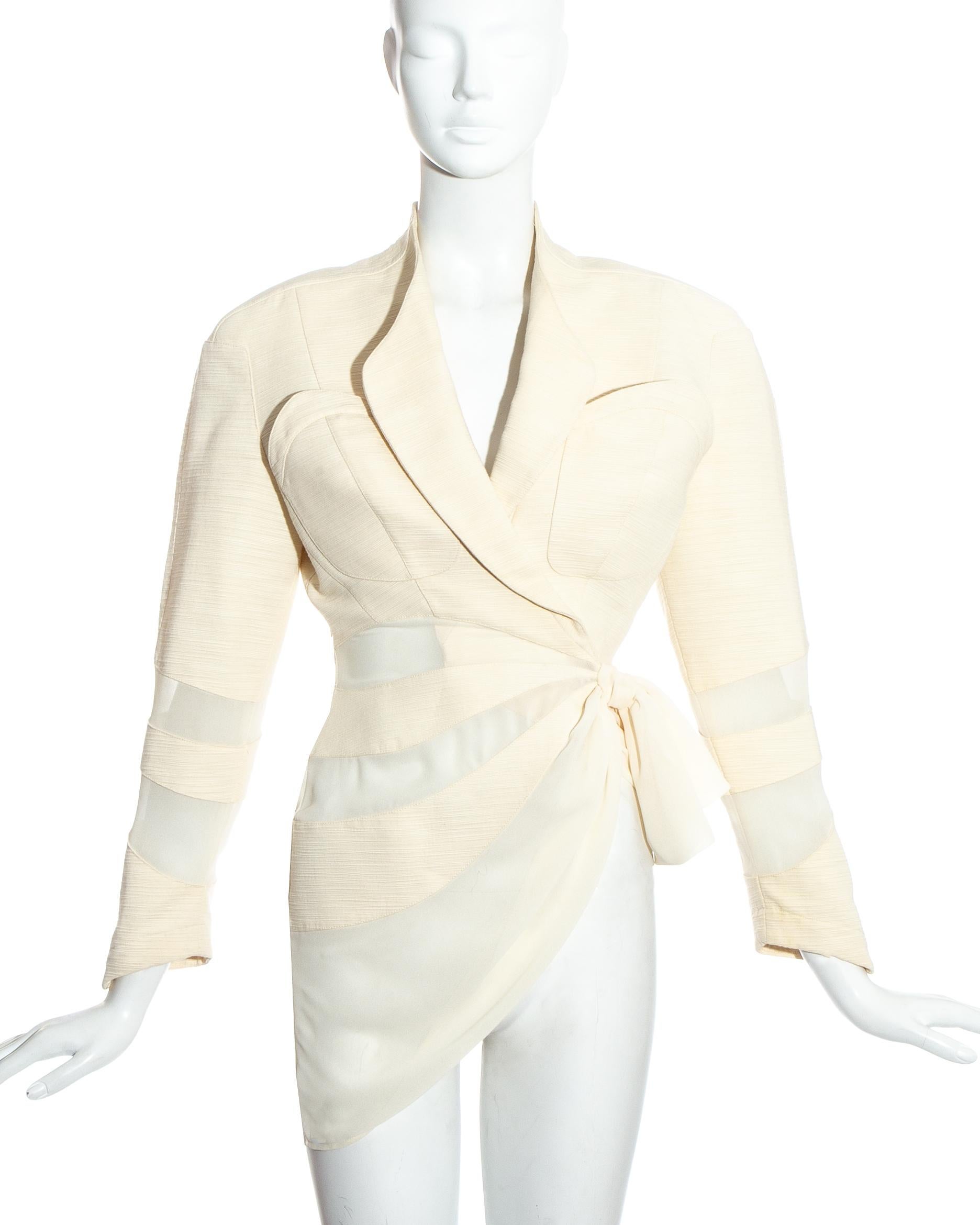 Thierry Mugler cream draped skirt suit with sheer panels, c. 1990s 1