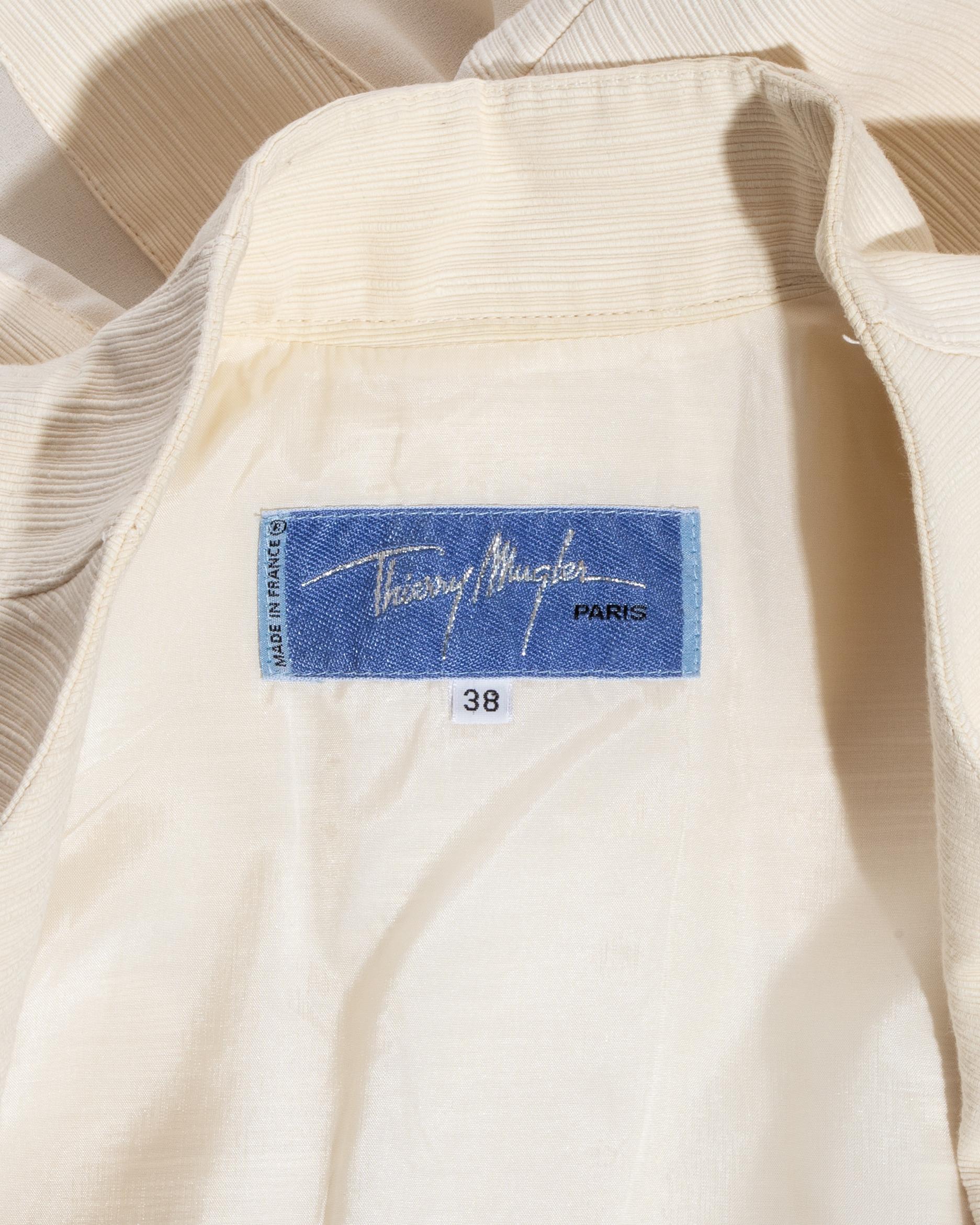 Thierry Mugler cream draped skirt suit with sheer panels, c. 1990s 2