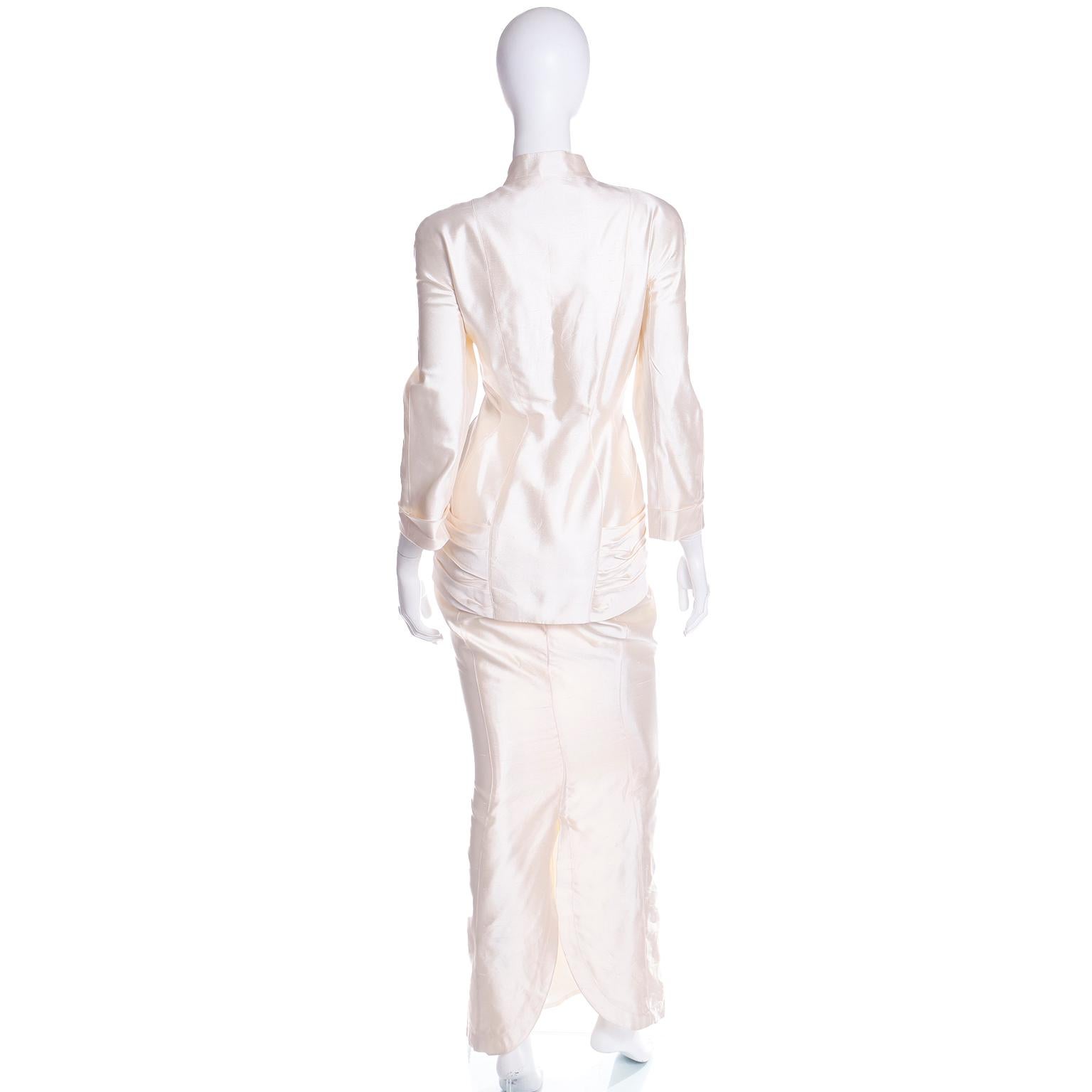 Thierry Mugler Cream Silk 2pc Evening Dress Gown Alternative Jacket & Long Skirt In Excellent Condition In Portland, OR