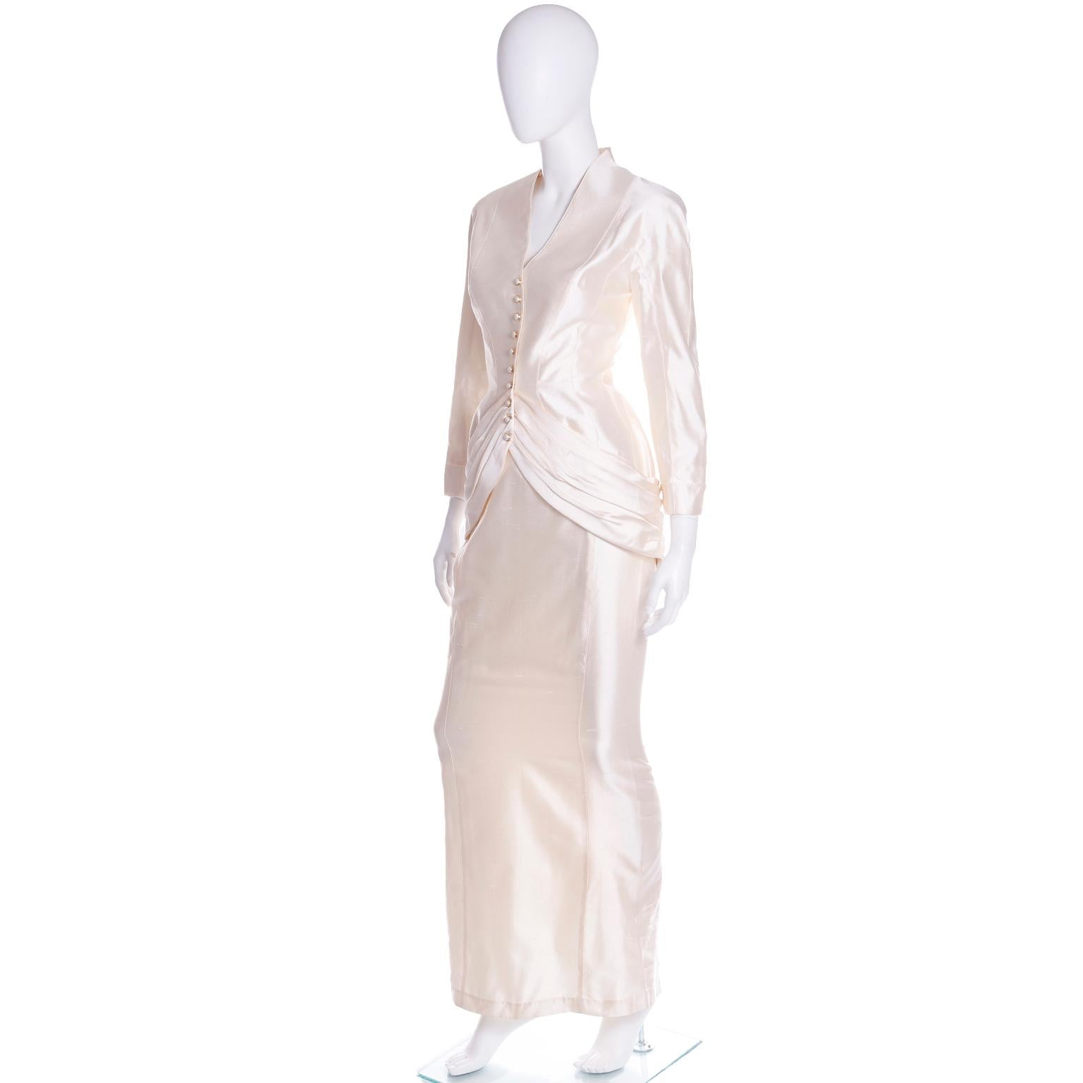 Women's Thierry Mugler Cream Silk 2pc Evening Dress Gown Alternative Jacket & Long Skirt