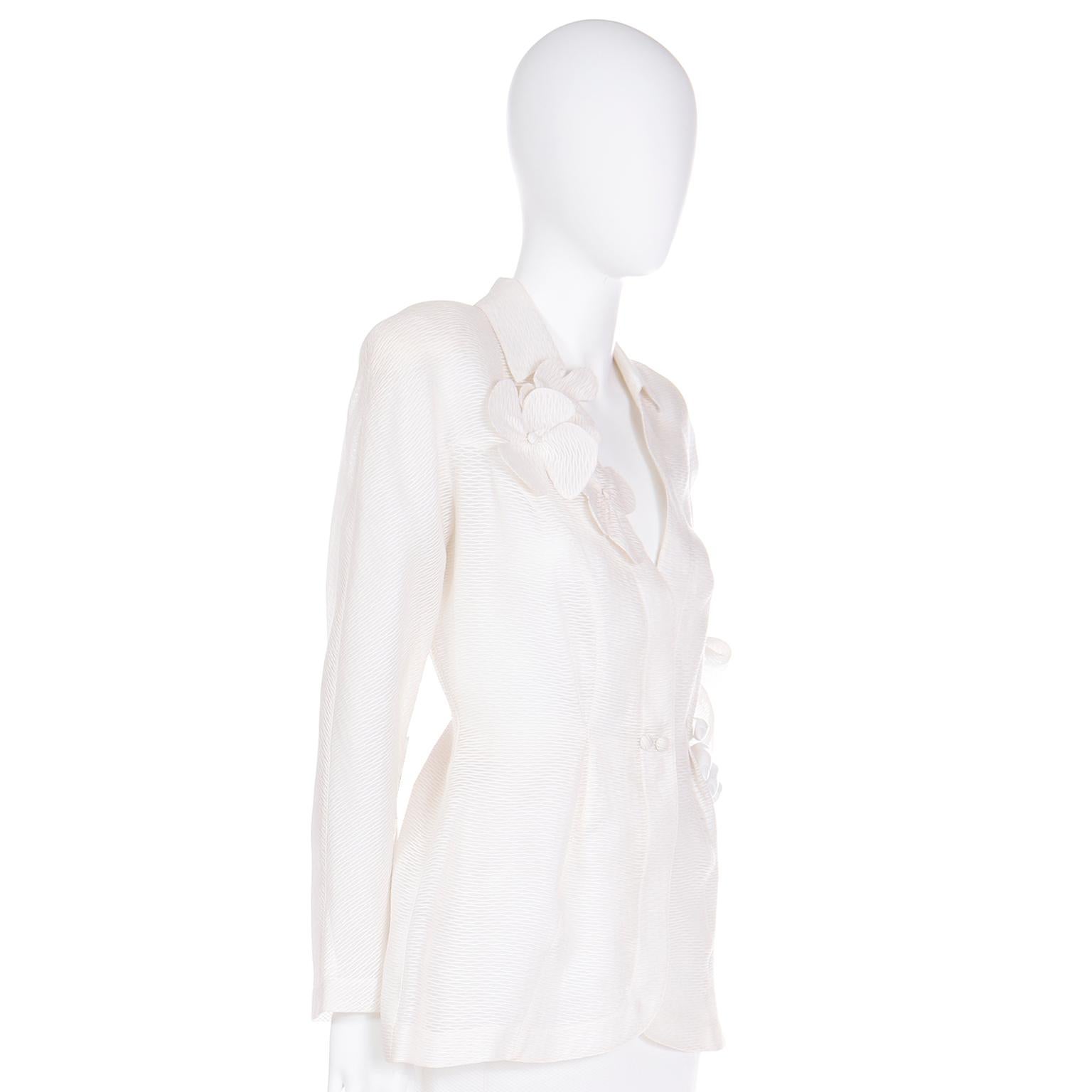 Thierry Mugler Deadstock Ivory Silk Structured Jacket W Floral Applique w/ Tags For Sale 1