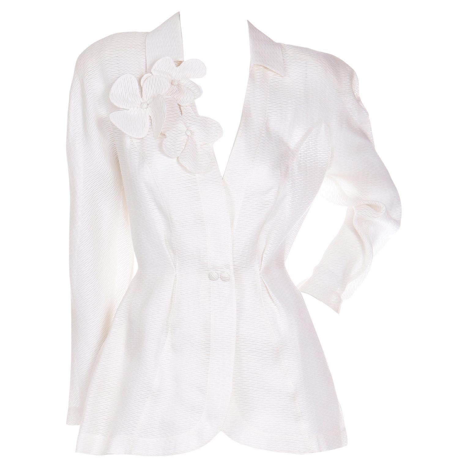 Thierry Mugler Deadstock Ivory Silk Structured Jacket W Floral Applique w/ Tags For Sale