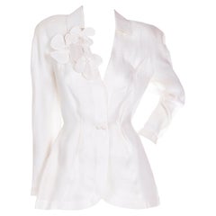 Thierry Mugler Deadstock Ivory Silk Structured Jacket W Floral Applique w/ Tags