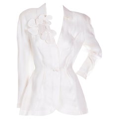 Retro Thierry Mugler Deadstock Ivory Silk Structured Jacket W Floral Applique w/ Tags