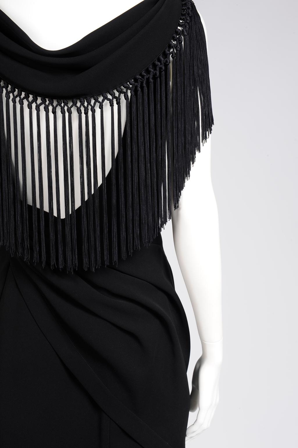 Black Thierry Mugler Draped & Fringed Cocktail Dress, Spring-Summer 1997 For Sale