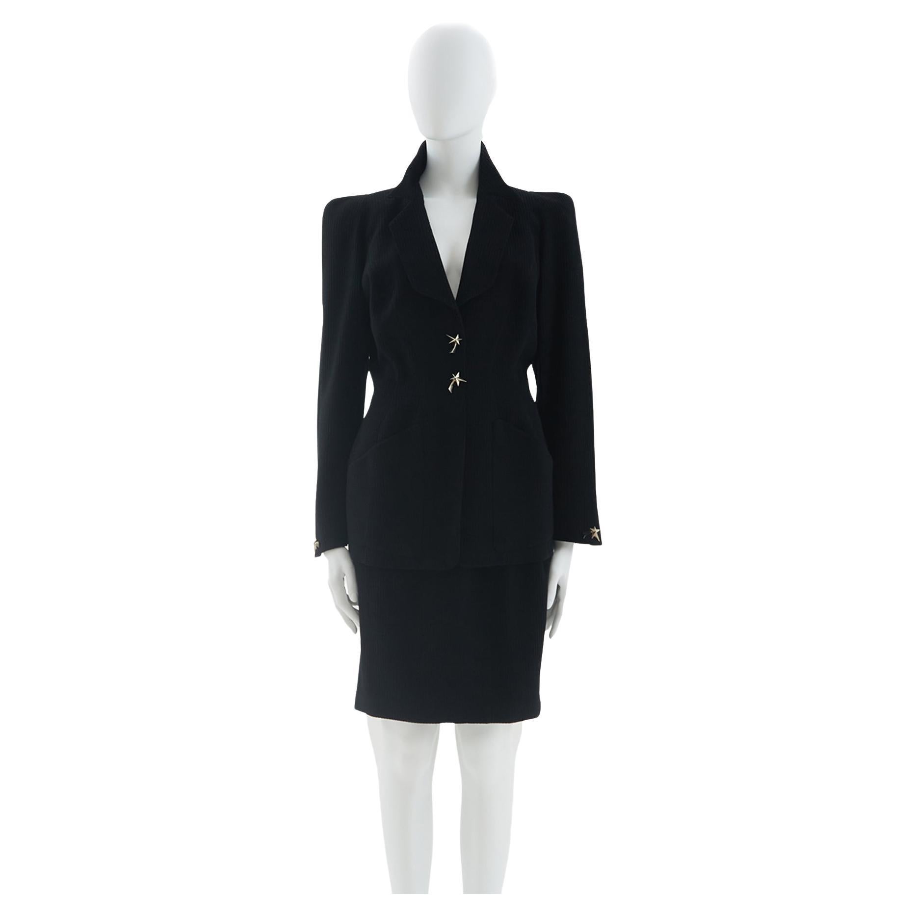 Thierry Mugler early 1990s black wool structured skirt suit For Sale