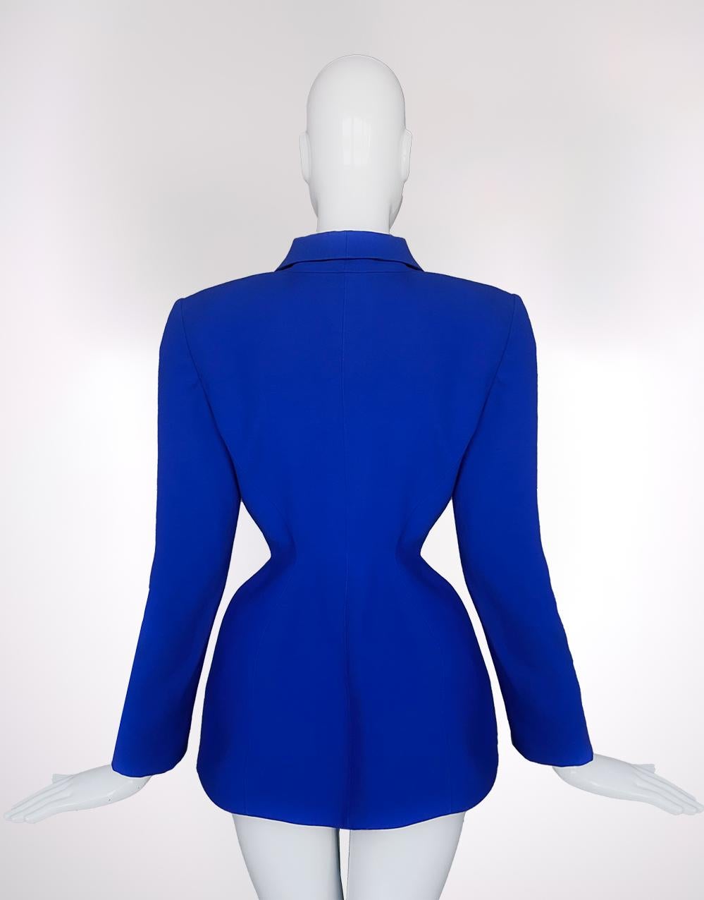 Women's Thierry Mugler FW 1998 Blue Jacket with Dramatic Black Velvet Details For Sale