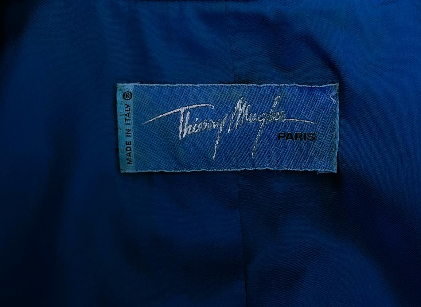 Thierry Mugler FW 1998 Blue Jacket with Dramatic Black Velvet Details For Sale 1