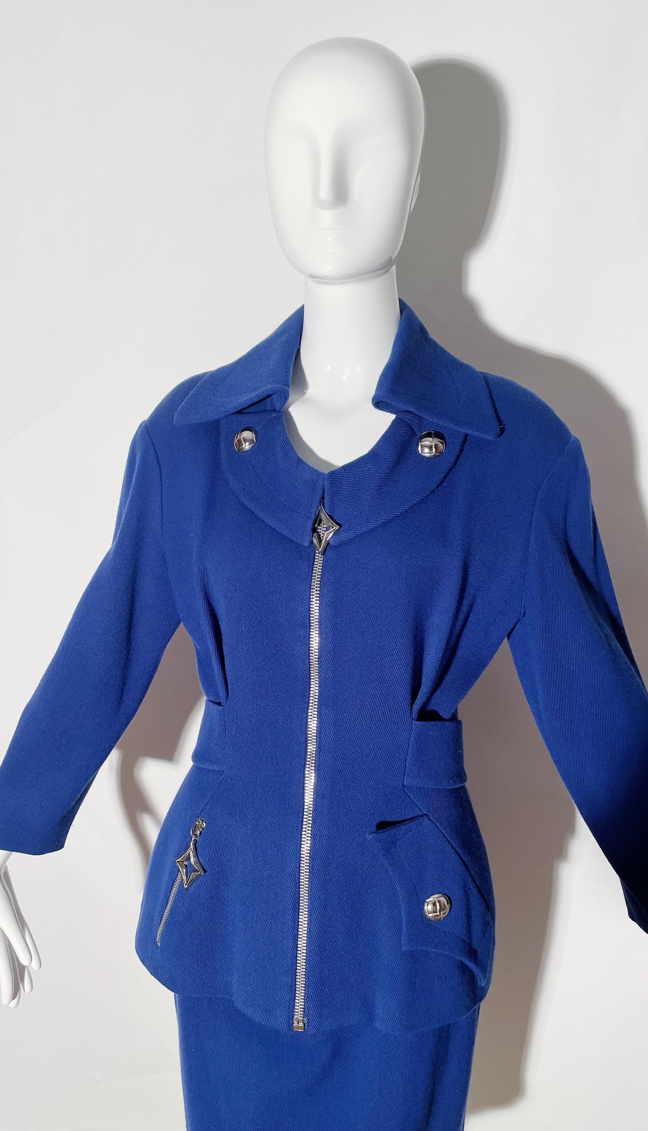 Thierry Mugler Electric Blue Skirt Suit  In Good Condition For Sale In Los Angeles, CA