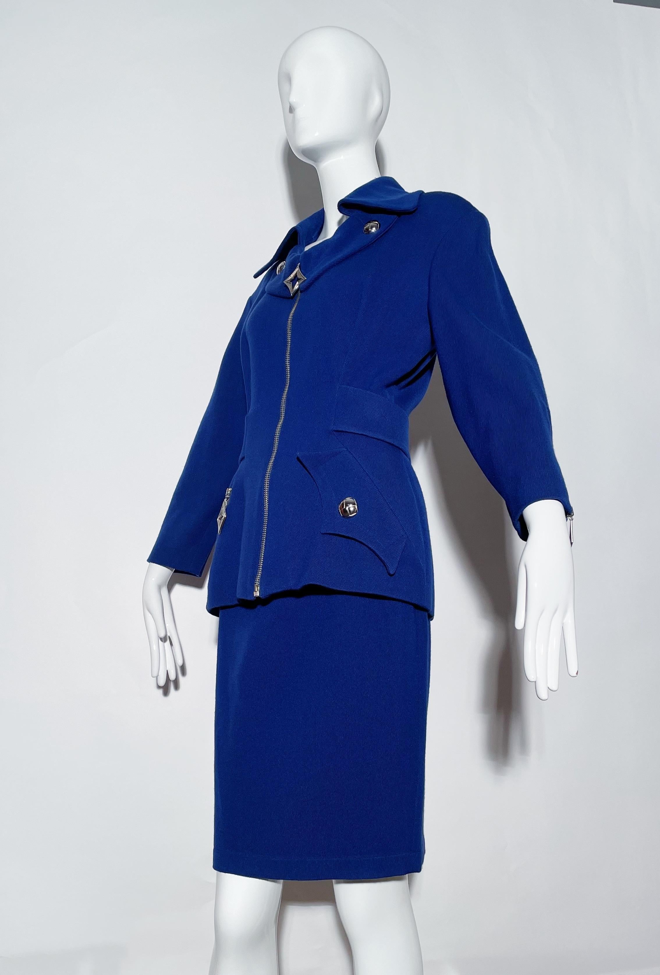 Thierry Mugler - Tailleur jupe bleu électrique  en vente 2