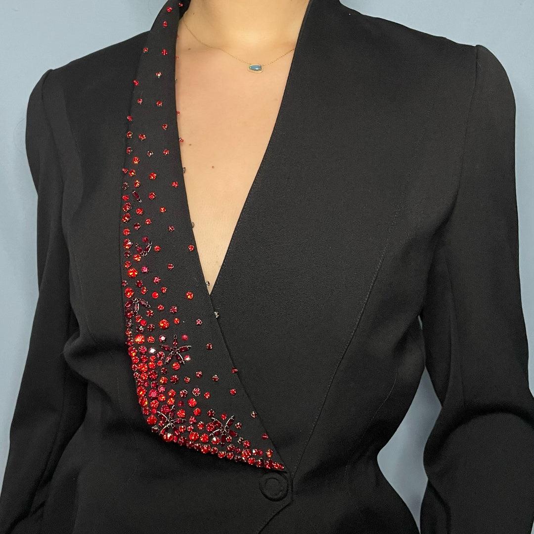 Thierry Mugler from F/W 1999 - as seen in pink on the runway. Black jacket with red crystal lapel detail jacket. Cinched waist. Double popper button fastening. Size EU 38 / UK 8. Perfect condition 

Measurements - 
Waist (when button up) 28” 
Bust