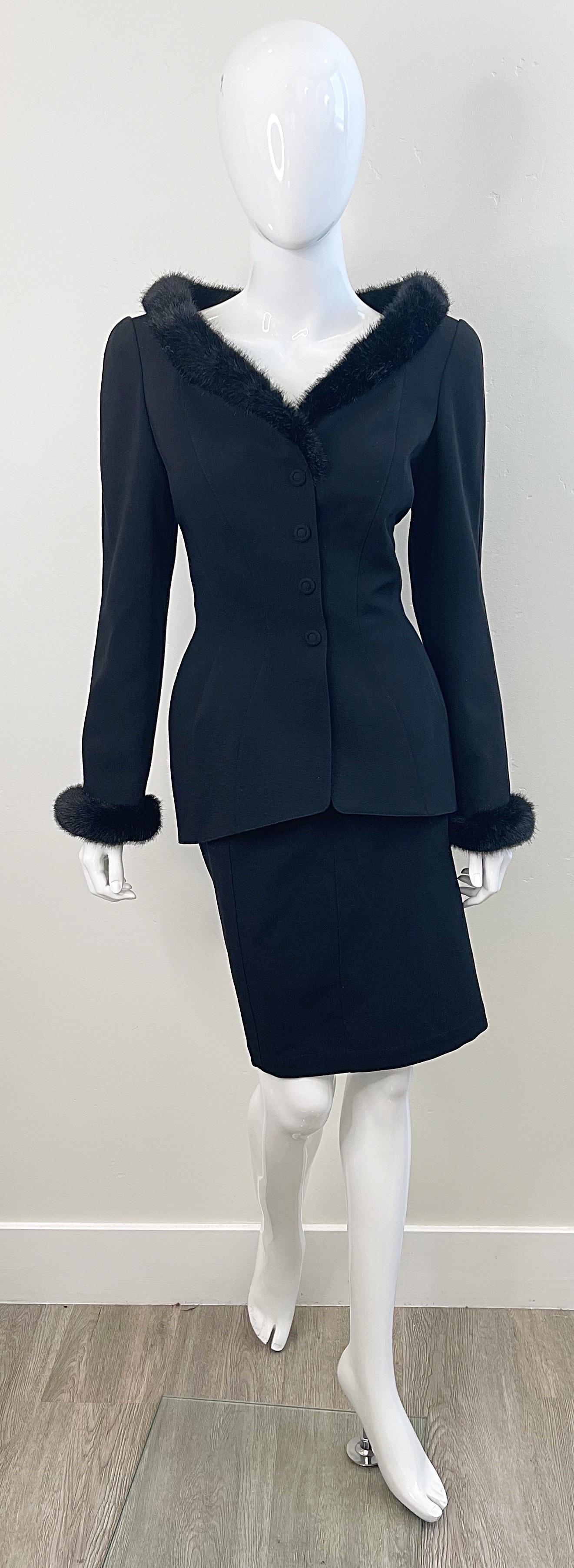 Thierry Mugler Fall 1991 Black Faux Fur Trim Size 40 / 6 Vintage 90 Skirt Suit For Sale 7