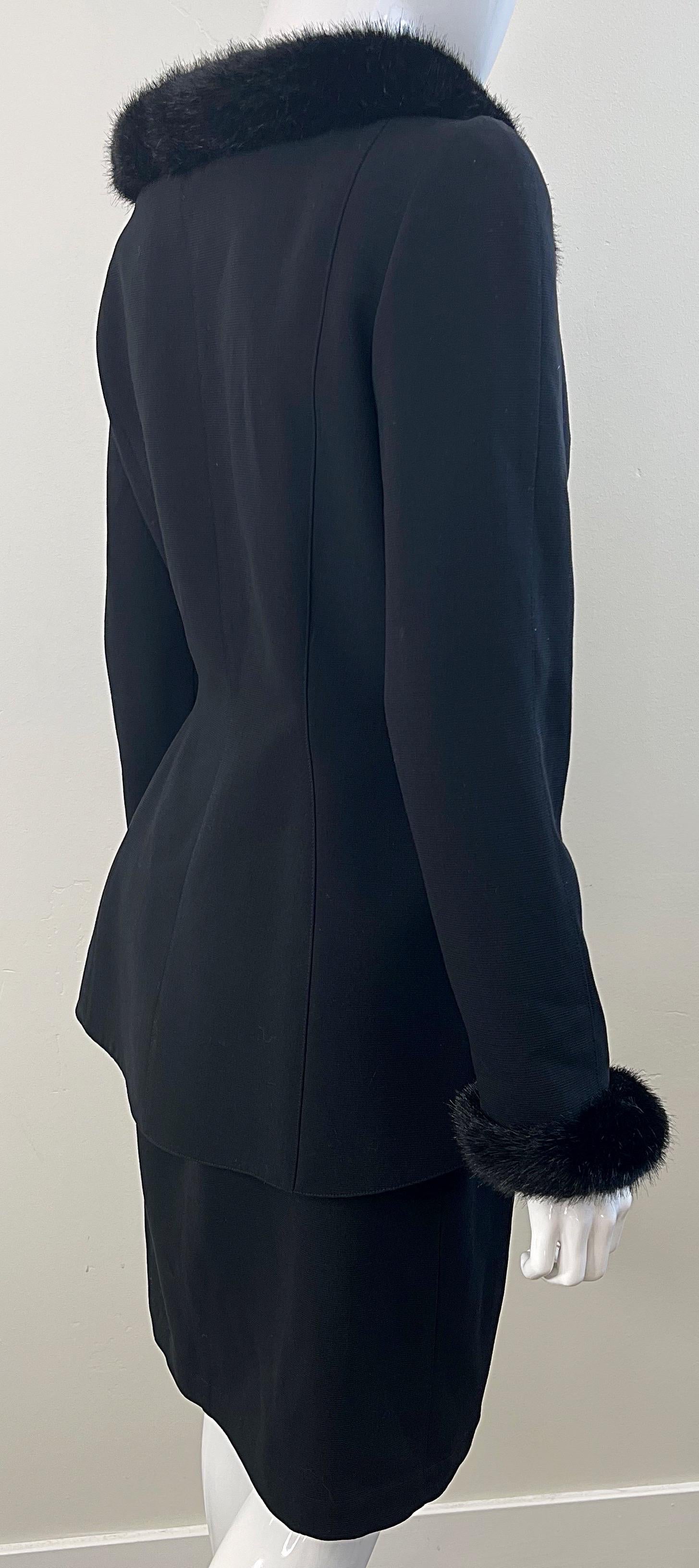 Thierry Mugler Fall 1991 Black Faux Fur Trim Size 40 / 6 Vintage 90 Skirt Suit For Sale 8