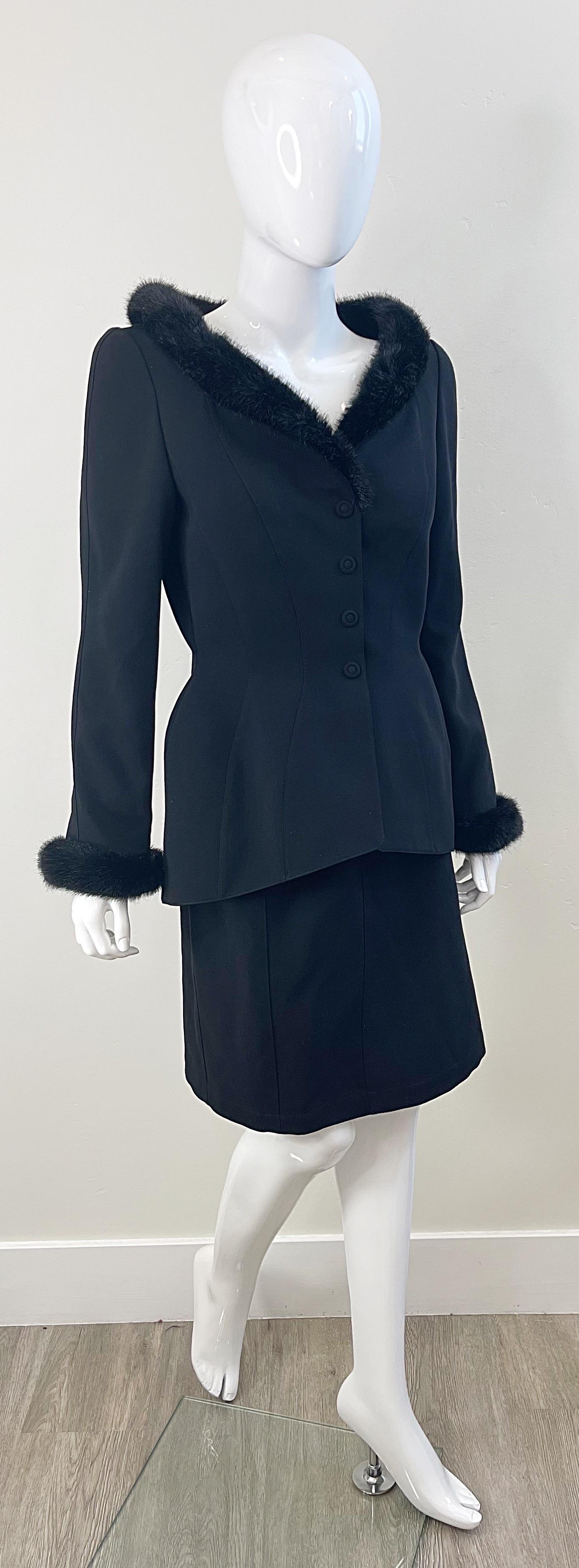 Thierry Mugler Fall 1991 Black Faux Fur Trim Size 40 / 6 Vintage 90 Skirt Suit For Sale 9