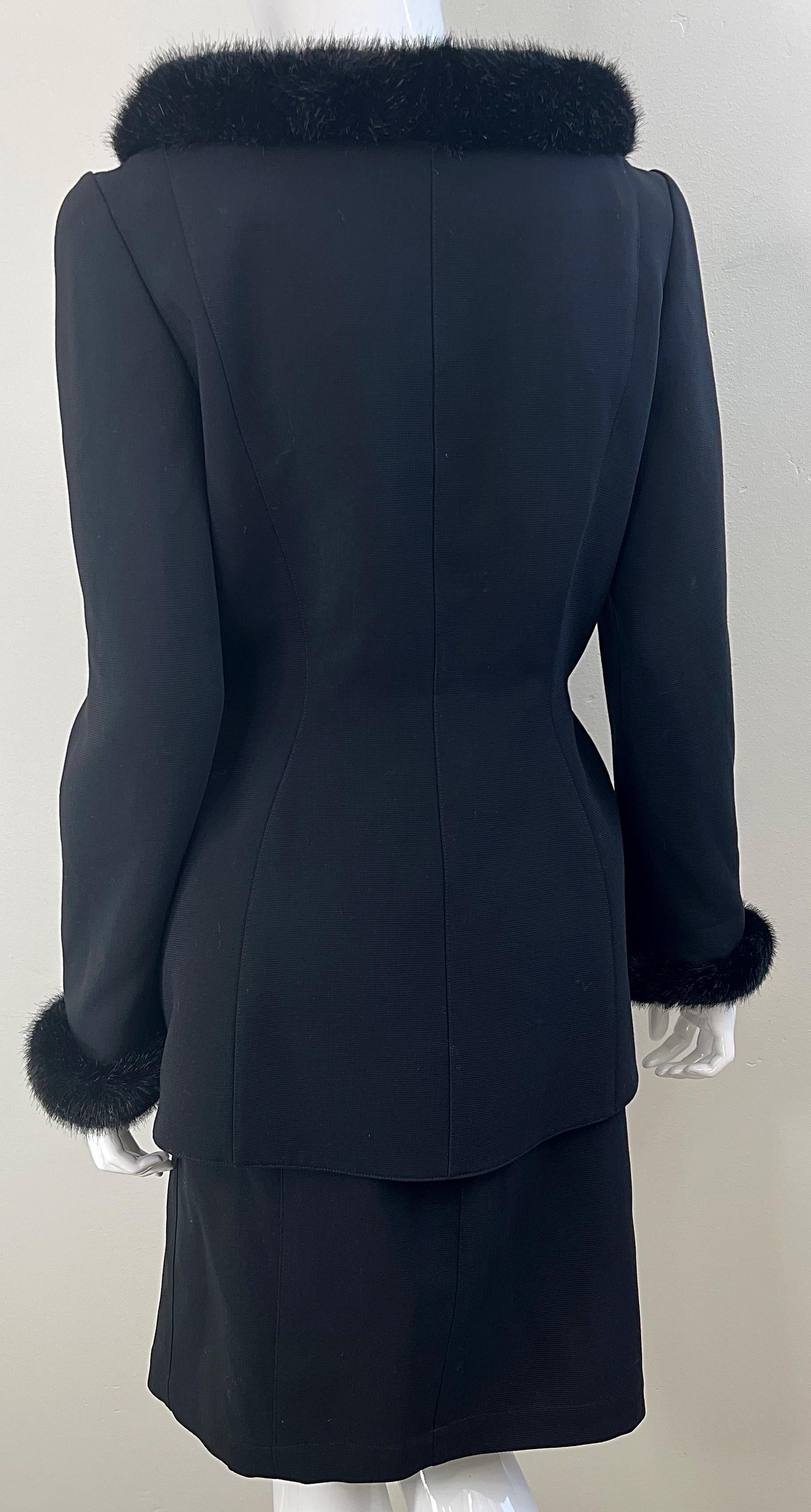Thierry Mugler Fall 1991 Black Faux Fur Trim Size 40 / 6 Vintage 90 Skirt Suit For Sale 10
