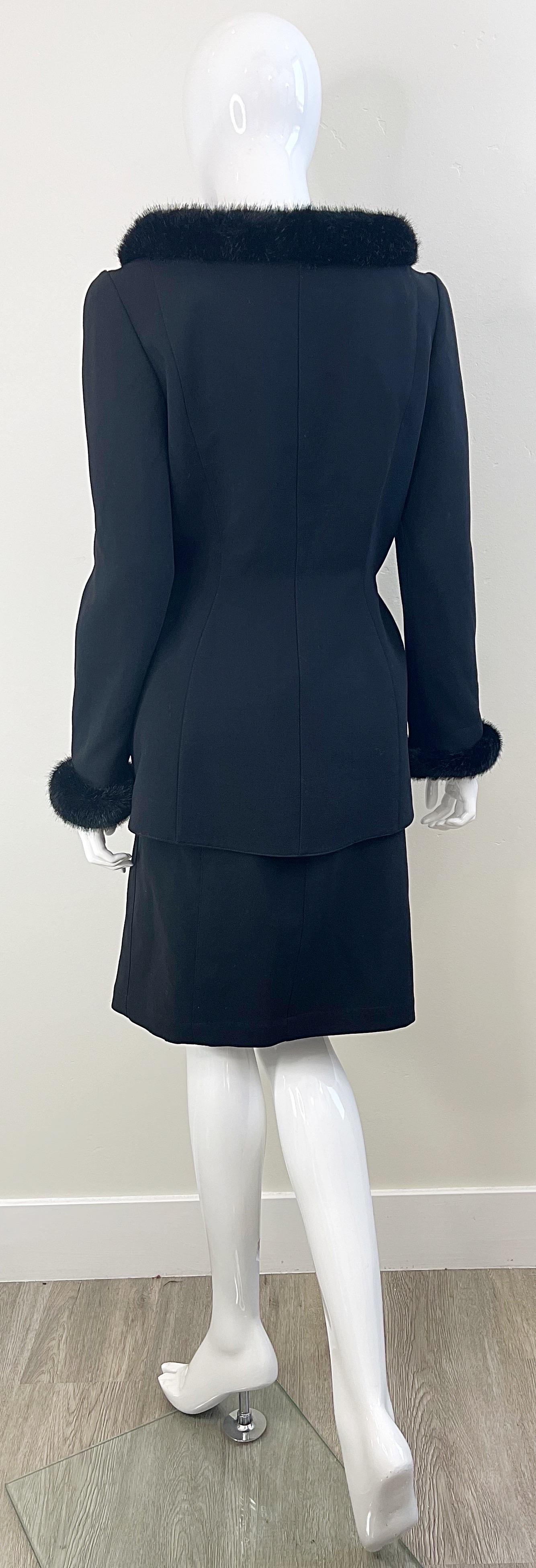 Thierry Mugler Fall 1991 Black Faux Fur Trim Size 40 / 6 Vintage 90 Skirt Suit For Sale 12