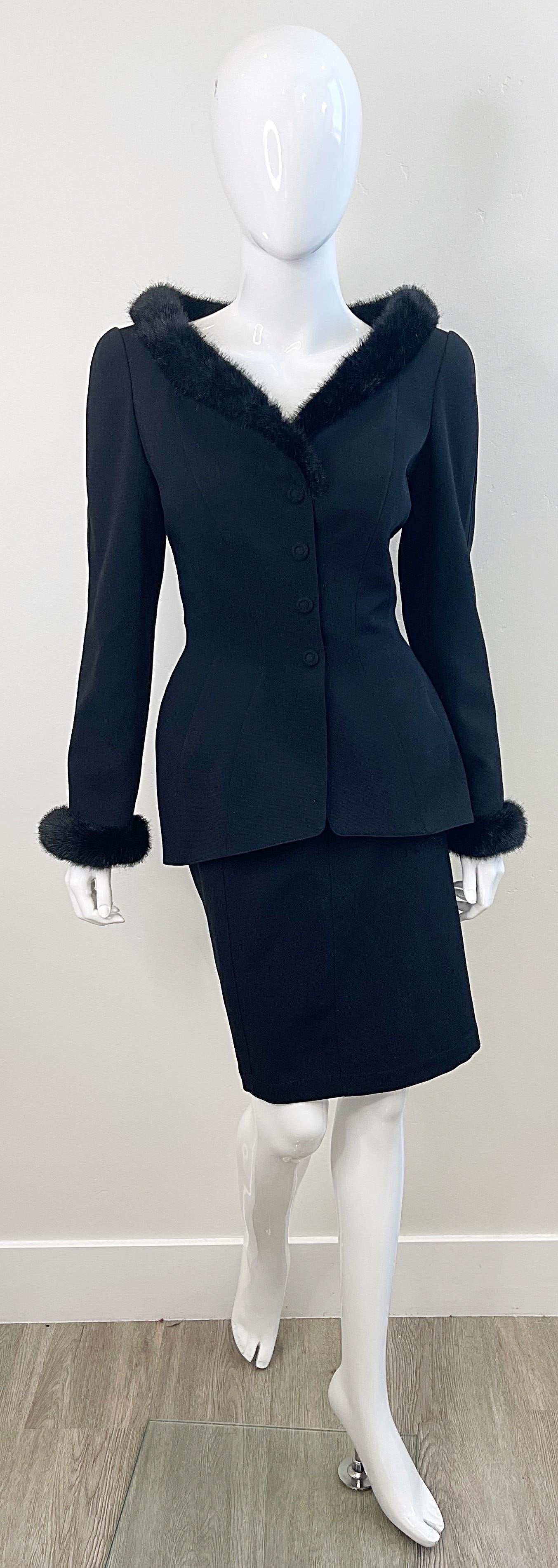 Thierry Mugler Fall 1991 Black Faux Fur Trim Size 40 / 6 Vintage 90 Skirt Suit For Sale 14