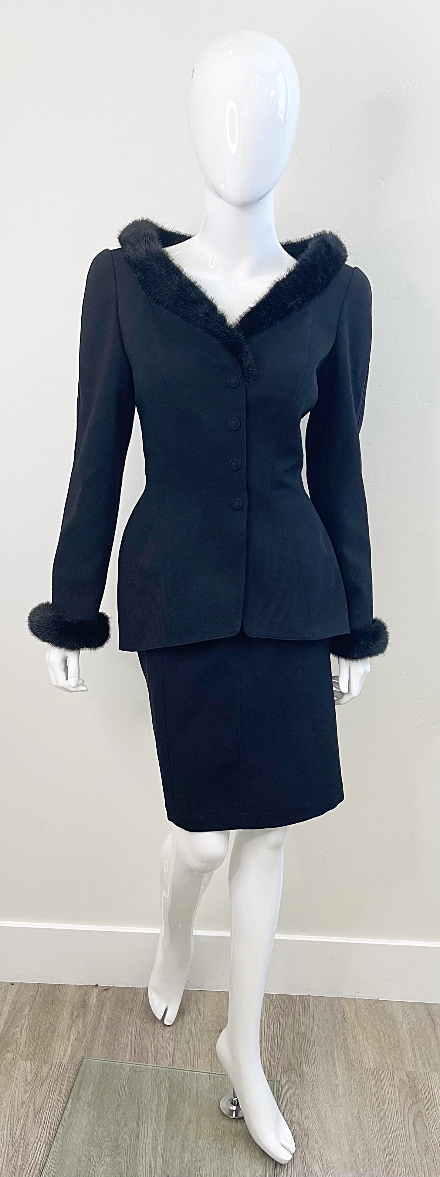 Thierry Mugler Fall 1991 Black Faux Fur Trim Size 40 / 6 Vintage 90 Skirt Suit In Excellent Condition For Sale In San Diego, CA