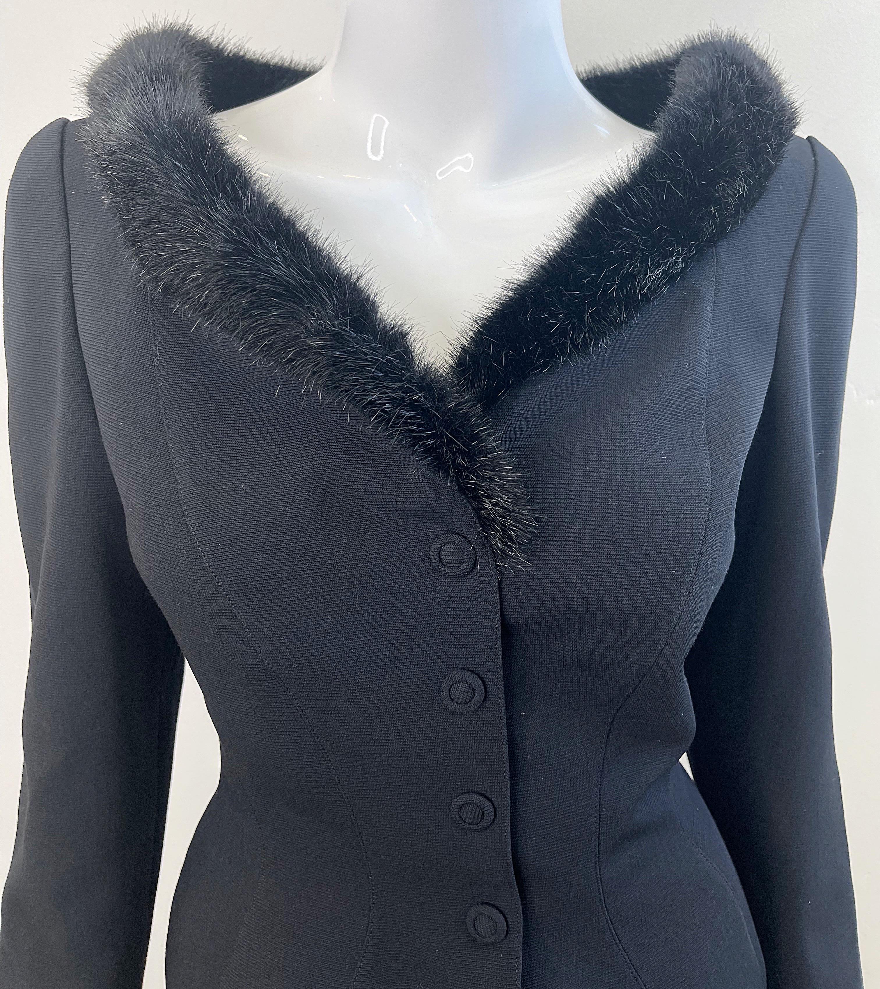 Women's Thierry Mugler Fall 1991 Black Faux Fur Trim Size 40 / 6 Vintage 90 Skirt Suit For Sale
