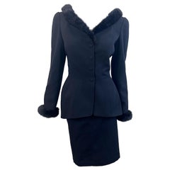 Thierry Mugler Fall 1991 Black Faux Fur Trim Size 40 / 6 Vintage 90 Skirt Suit