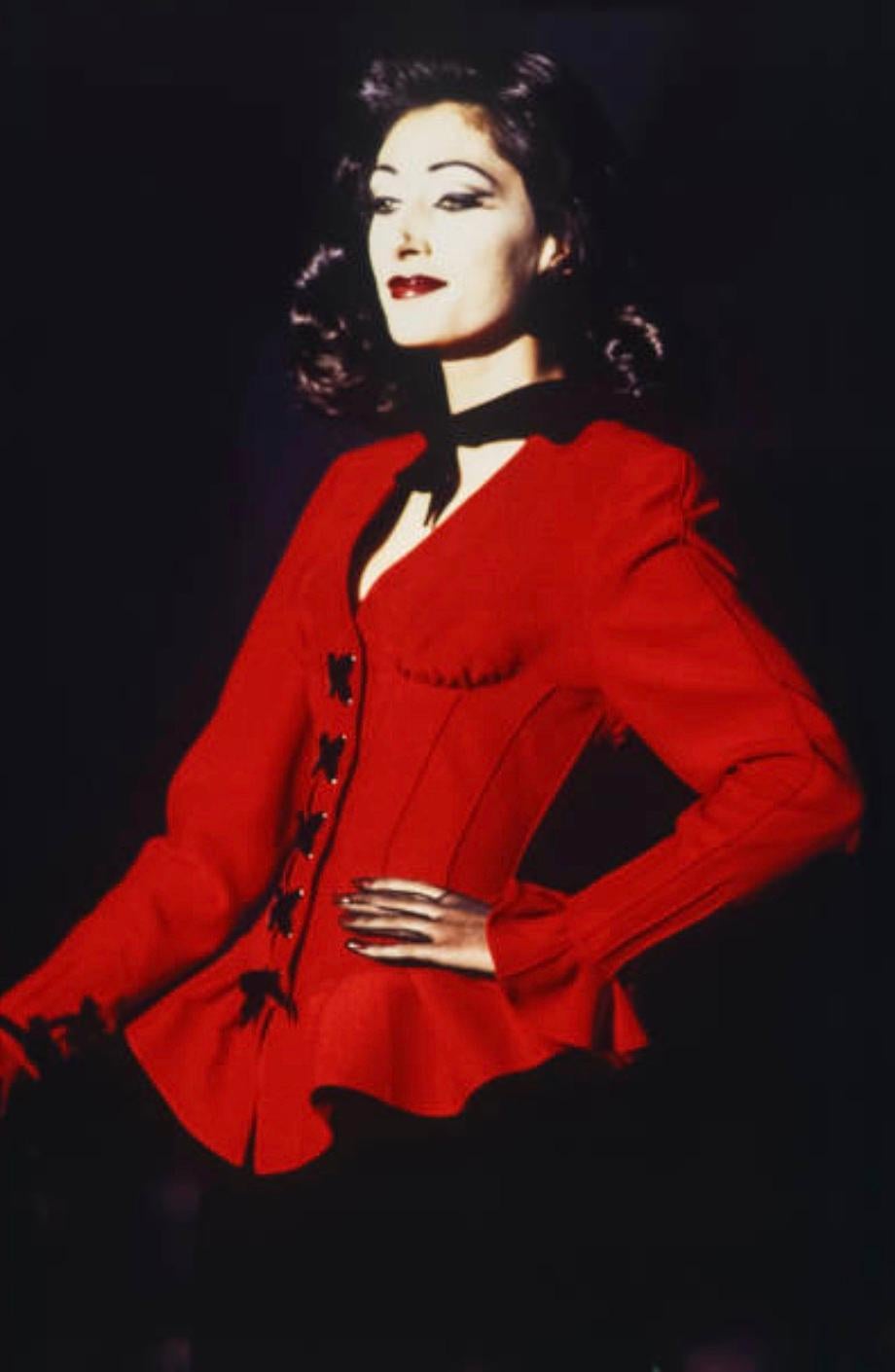Iconic rare Collectors Piece. Famously presented on the Thierry Mugler’s Fall/Winter 1992 GLAMOUR PUNK-THE RITZ Collection Runway as well as worn by the gorgeous Monica Bellucci on the cover of Madame as well as featured on several editorials.
This