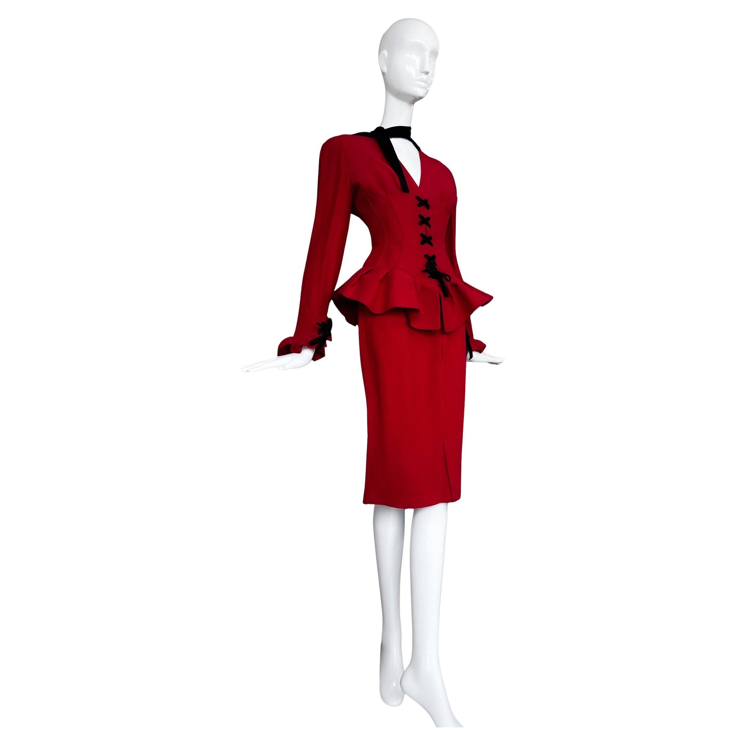 Thierry Mugler Fall 1992 Red Runway Suit Jacket Skirt Museum Worthy For Sale