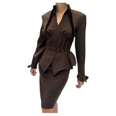 Thierry Mugler Fall 1992 Runway Velvet Trim Corset-Jacket and Skirt Suit