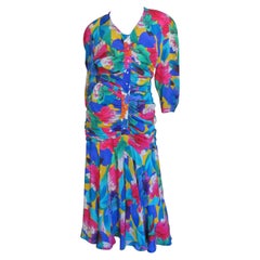 Thierry Mugler Flower Silk Ruched Dress 1980s