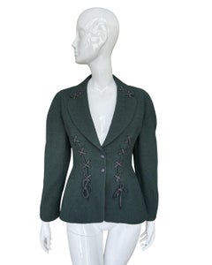 Thierry Mugler Forest Green Bouclé Wool Lace Up Blazer M