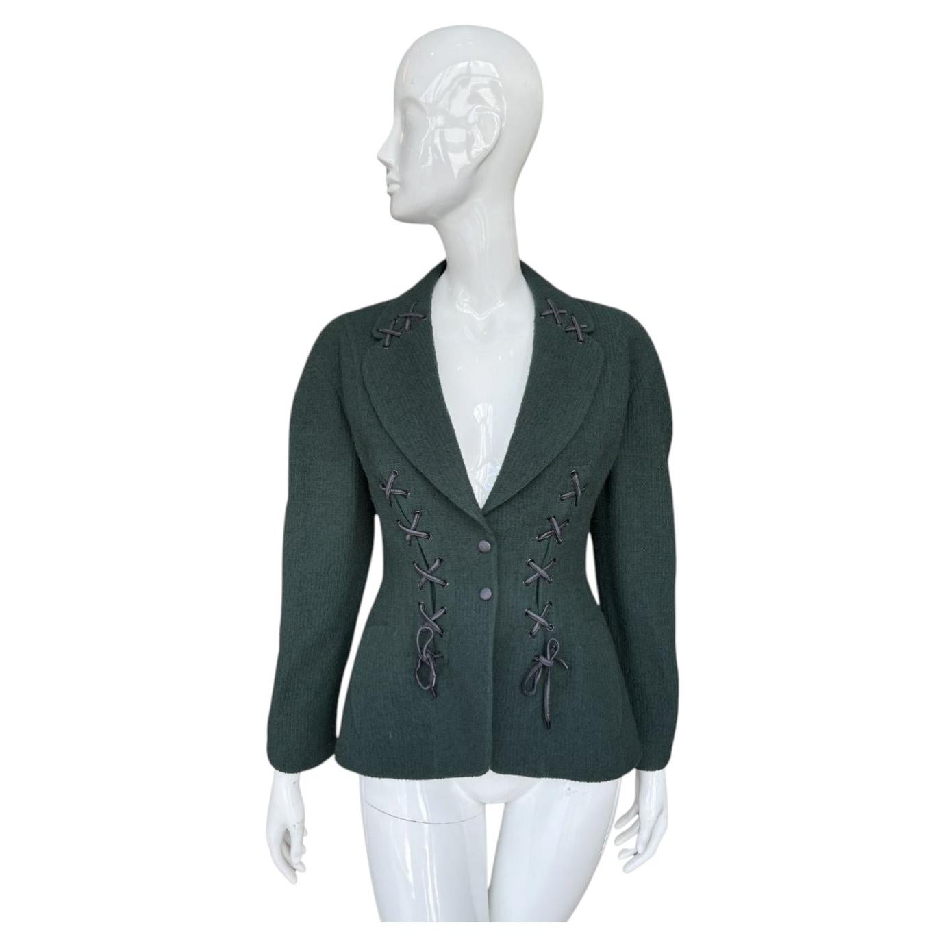 Thierry Mugler Forest Green Bouclé Wool Lace Up Blazer M For Sale