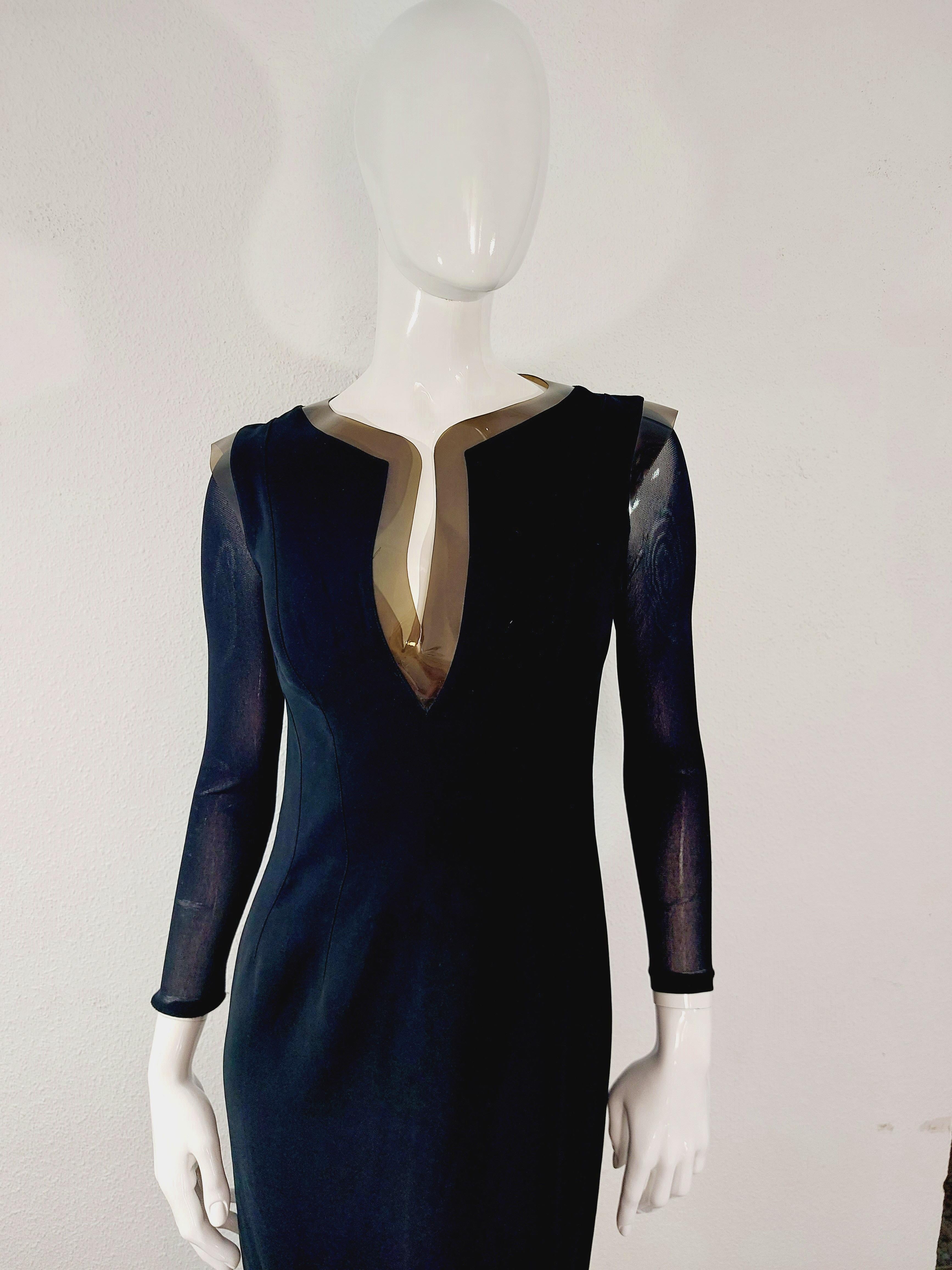 Black Thierry Mugler Formal Elegant Rubber Tire Mesh Transparent Gown Cocktail Dress For Sale